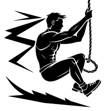 recommend clip art: Strength, Power, and Determination: A silhouette of a muscular athlete,  suspended mid-air, grips a rope with unwavering focus. His muscles bulge as he exerts maximum strength.