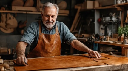 An elderly craftsman stands confidently in his workshop, donning a leather apron, representing dedication, skill, and the time-honored tradition of craftsmanship.