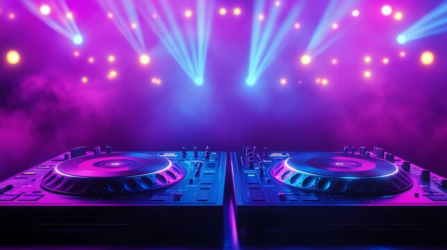 An illustration of DJ decks station in a nightclub, stage lights, music event promotion concept