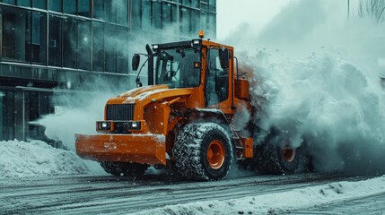 Orange Snow Plow Clearing City Street in Blizzard