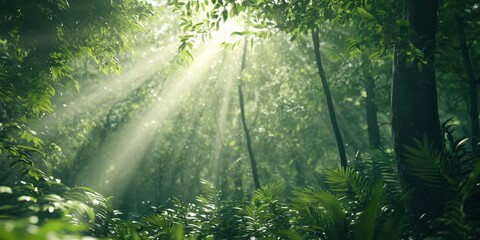 Obraz premium Sunlight filters through lush green trees in a serene forest setting.