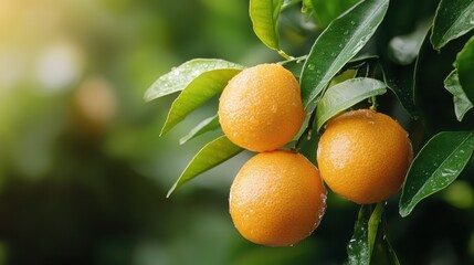 A close-up shot captures dewy fresh oranges hanging from lush green branches, embodying the freshness and vitality of natural citrus fruits in their environment.