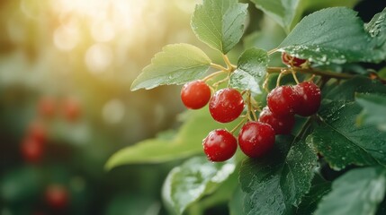Bright red cherries hang on a branch surrounded by glistening green leaves, adorned with dewdrops reflecting the morning sun's gentle light, capturing a fresh morning essence.