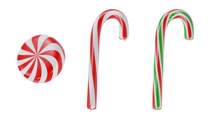 Christmas Candy Cane Set with Peppermint Swirl on Transparent Background.