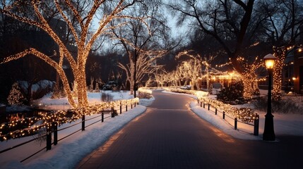 Snowy park path illuminated by decorative string lights on trees during winter evening, creating a festive and tranquil atmosphere.
