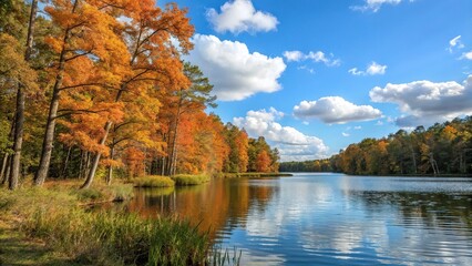 Obraz premium A serene lake surrounded by tall trees with vibrant orange and yellow leaves, autumn, lake, landscape, foliage, autumn colors