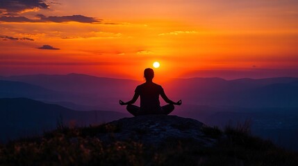 Obraz premium A person meditating on a rock at sunset, surrounded by mountains and a serene atmosphere.