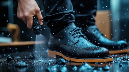 Hands demonstrate water resistance by spraying a dark shoe with water, showcasing a product's functionality and durability in keeping feet dry.