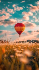 Fototapeta premium Hot Air Balloon Floating Above a Field of Dandelions at Sunset with Vibrant Skies