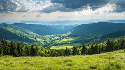 Scenic Overlook of Green Hills and Valleys