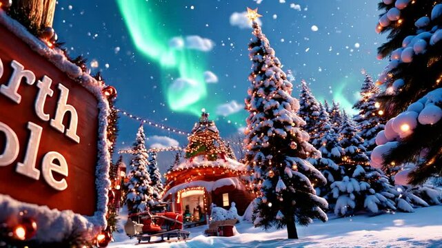 A whimsical scene of Santa's workshop at the North Pole, adorned with twinkling lights, candy cane pillars, and snow-covered rooftops