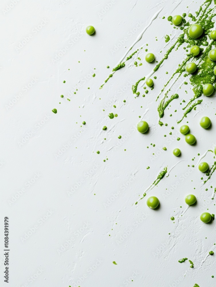 Fototapete bright green peas and splashes of juice are artistically arranged on a clean white surface, emphasiz