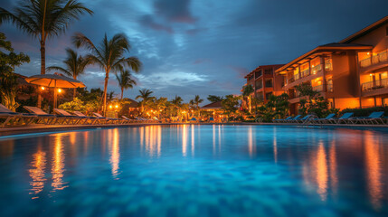 Tropical resort pool at night