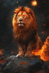 Fototapeta premium Celestial Leo zodiac lion with glowing golden orbs and astral energy, AI generated