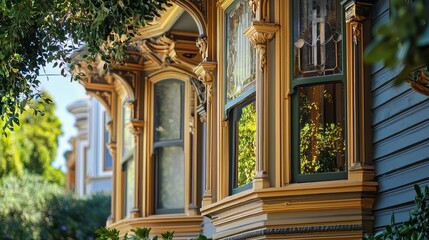 Victorian Home with Ornate Bay Windows in Side View