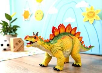 Fototapeta premium Adorable Stegosaurus Dinosaur Illustration for Kids' Decor and Educational Materials - Perfect for Children's Rooms, Storybooks, and Learning Resources in Vibrant Colors