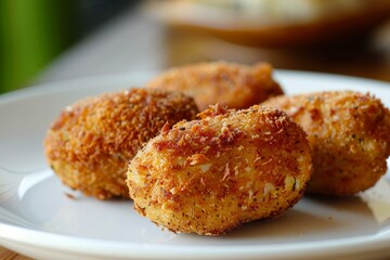 Breaded chicken croquettes resting on a white plate, showcasing their crispy texture