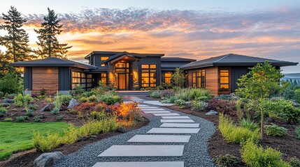 Fototapeta premium Modern house with landscaped garden at sunset.