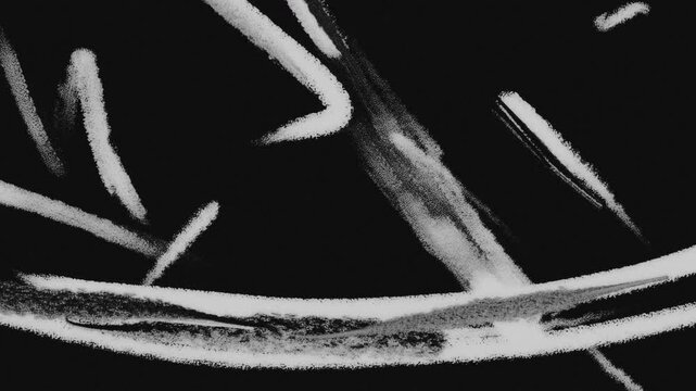 Monochromatic animation of white grunge pencil and brush doodle lines and textures on black background. Low frame rate effect. Seamless loop.