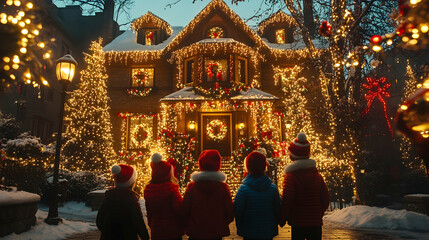 Obraz premium Children admiring a festively decorated house winter wonderland photography urban neighborhood front view holiday spirit and joy