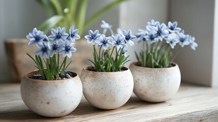 Three small ceramic pots with blue spring flowers on a wooden table.