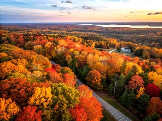 Obraz premium Aerial Photography of Vibrant Autumn Landscape with Artistic Lettering Quote Capturing the Essence of Fall Colors and Nature's Beauty in a Serene Setting