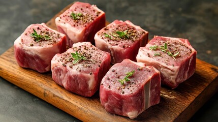 Six raw lamb meat cubes seasoned with herbs and pepper on a wooden cutting board, ready for cooking