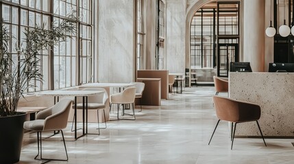 Fototapeta premium Modern Office Space with Stylish Desks and Chairs