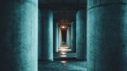 A row of concrete pillars under a low-lit ceiling creates a moody and mysterious atmosphere, evoking a sense of urban exploration in a hidden place.