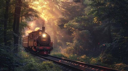 Scenic train passing through lush green forest with warm sun rays streaming through trees  
Seamless looping 4k time-lapse virtual video animation Generated AI - Powered by Adobe