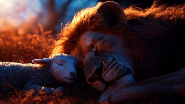 A lion and a lamb peacefully sleeping side by side in a serene meadow, symbolizing the fulfillment of Jesus Christ's prophecy of harmony and peace in the kingdom of God..
Bible Christian faith God.