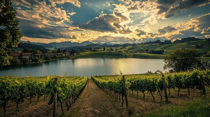 Serene Vineyard Overlooking a Tranquil Lake