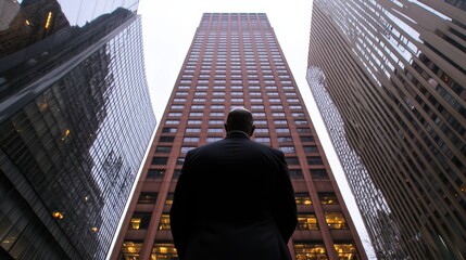 A businessman gazes up at towering skyscrapers in a city