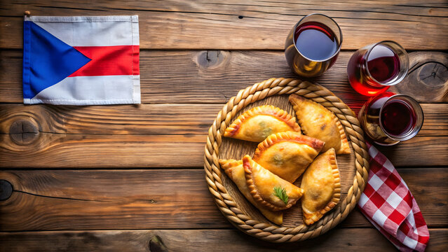 Chilean independence day. Fried empanadas with red wine on a wooden table. baked empanadas, wine or chicha, fat and play emboque.
