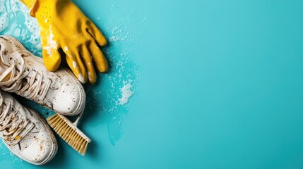 A pair of dirty sneakers accompanied by a cleaning brush and yellow gloves on a blue floor, symbolizing tidiness and transformation through routine maintenance.