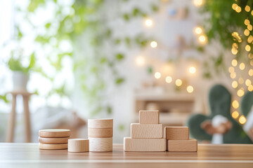 A clean preschool desk with scattered wooden educational toys in soft focus background.