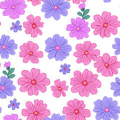Fototapeta premium Vibrant Floral Pattern with Various Pink, Purple, and Blue Flowers on a White Background for Nature-Inspired Design Projects