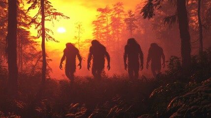 Fototapeta premium Mysterious creatures walking in the forest during sunset