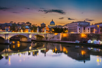 St. Peter's Basilica at sunset and Tiber river, Rome