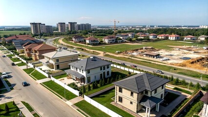 Obraz premium Aerial View of Animated Construction Process Showcasing Diverse Residential Buildings in High-Quality 4K Footage for Real Estate and Urban Development Projects