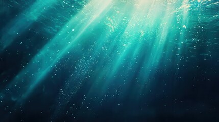 Underwater scene with sunlight rays illuminating particles in the water.