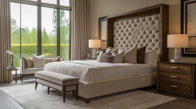 A luxurious king-size bed with a tufted headboard, matching nightstands, and a dresser, all in a spacious bedroom with large windows and soft lighting.