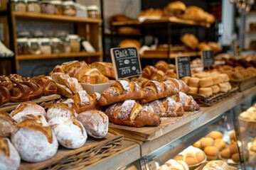 Delicious pastry and bread are displaying on the counter in the bakery shop
