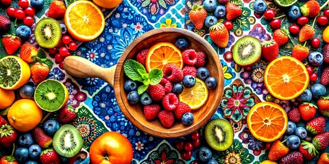 Aerial View of Colorful Fruits and Decorative Wooden Cup on a Brightly Patterned Background, Captured in Stunning Drone Photography for a Vibrant Still Life Composition