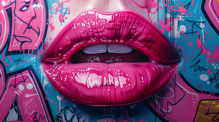 A retro-inspired portrait of full, glossy lips in vibrant pink, surrounded by playful doodles and comic-style icons