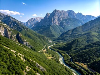 Aerial View of Majestic Albanian Mountains Surrounded by Lush Greenery and Serene Nature, Perfect for Travel and Adventure Themes with Ample Copy Space
