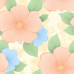 Delicate Floral Pattern with Soft Peach and Blue Flowers on Light Yellow Background, Perfect for Textile Design, Wallpaper, and Invitations