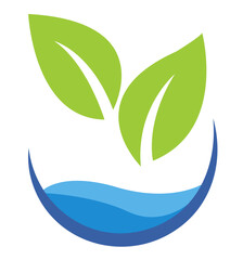 logo shows two bright green leaves growing above a blue water wave on a white background. The concept represents hydroponics, gardening, and eco-friendliness
