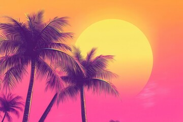 Fototapeta premium Vibrant sunset with palm trees against a colorful sky.