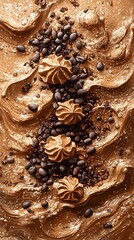 An artistic arrangement featuring swirls of creamy caramel, scattered coffee beans, and delicate meringue spirals, creating a rich, indulgent visual feast.